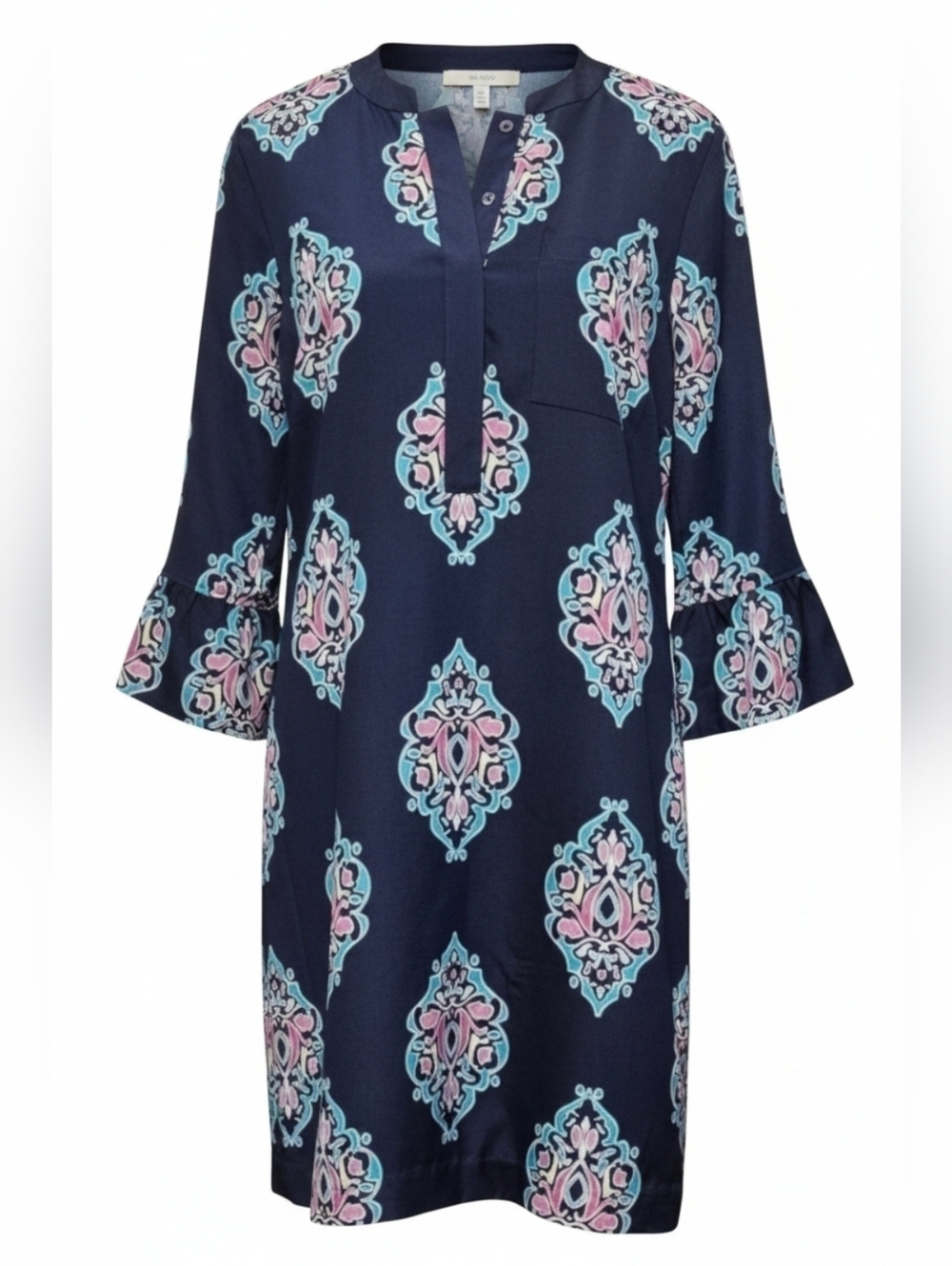 CROWN & IVY | NAVY MEDALLION FLUTTER SLEEVE SHEATH DRESS